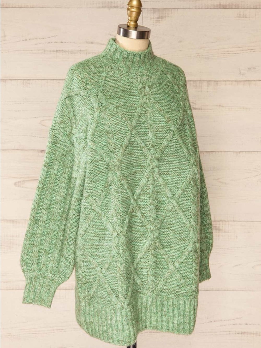 Green Cable-Knit Mock Neck Sweater